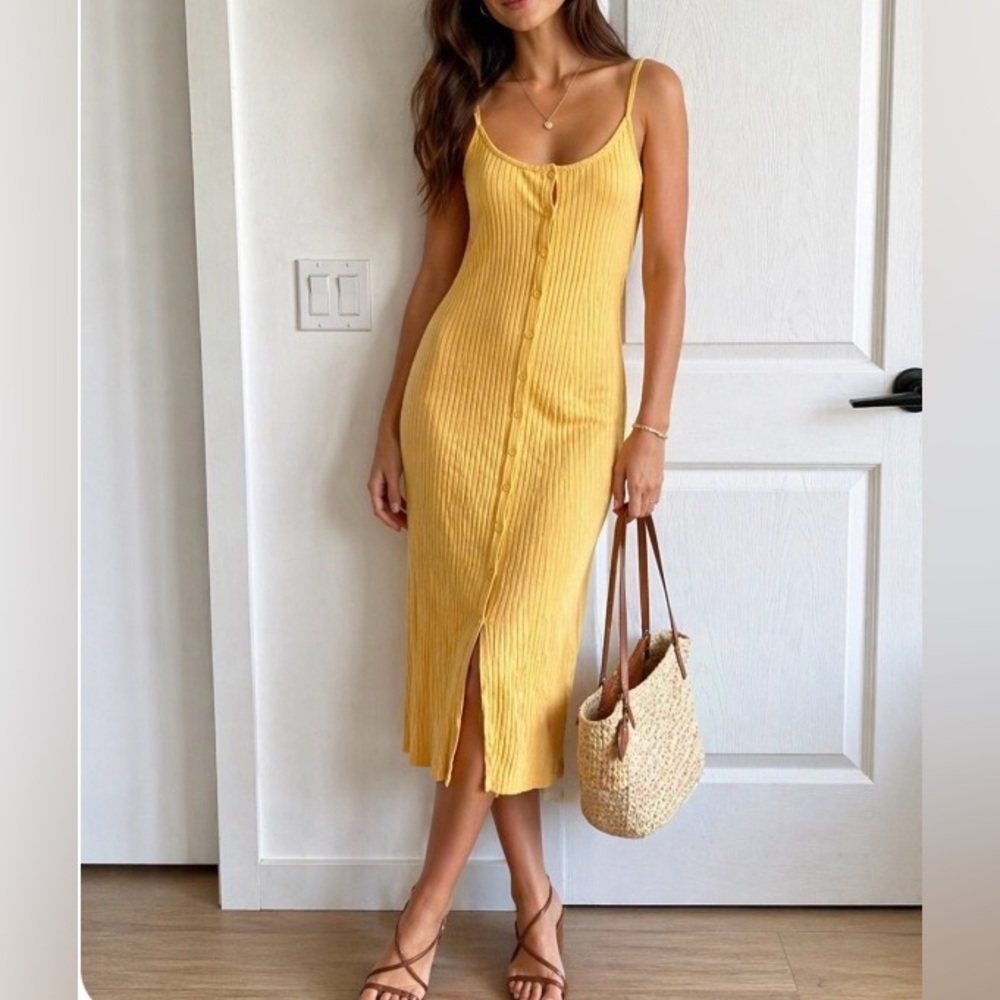Zara Rib Knit Long Button Front Slip Yellow Orange-Hue Dress Size S